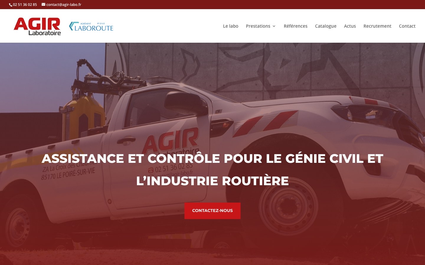 Page d'accueil du site agir-labo.fr : assistance et contrôle pour le génie civil et l'industrie routière