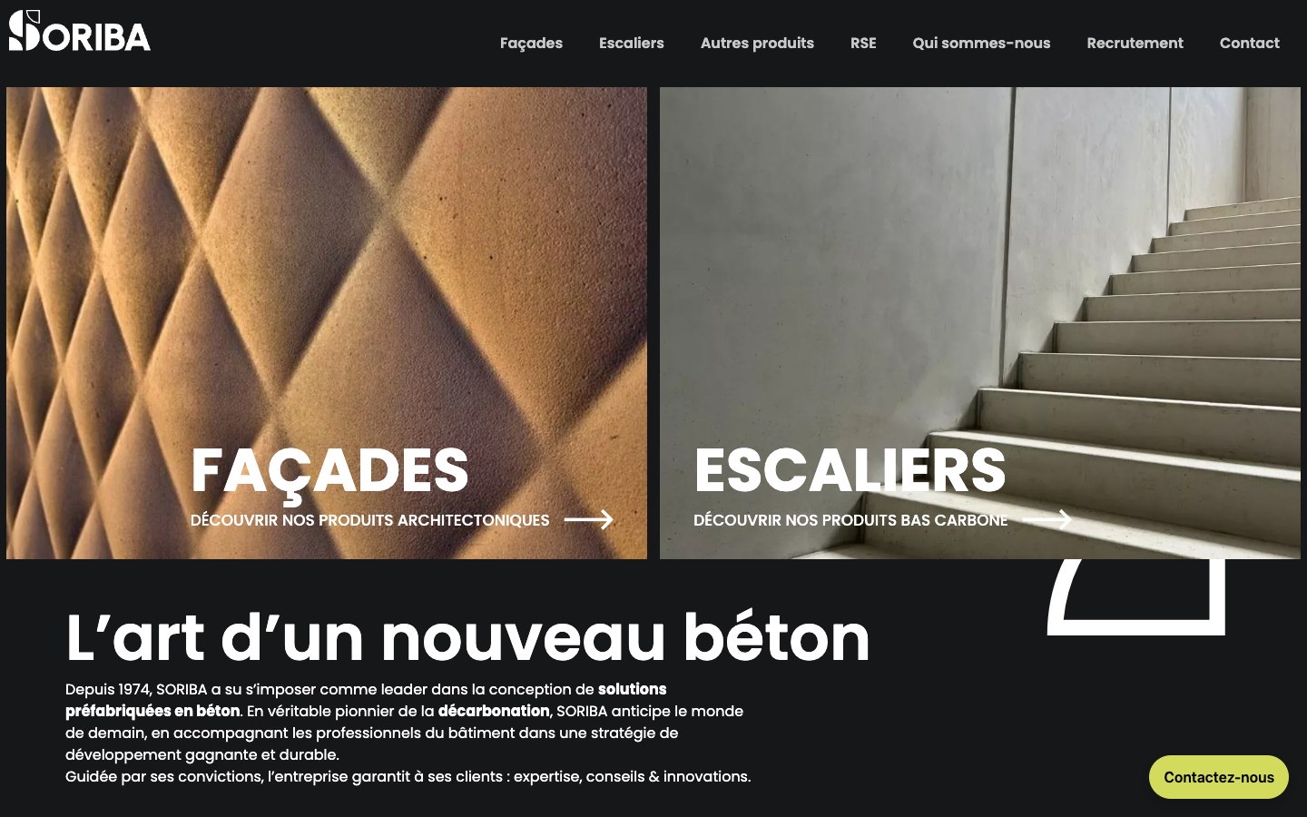 Page d'accueil du site soriba.fr : façades et escaliers en béton préfabriqué